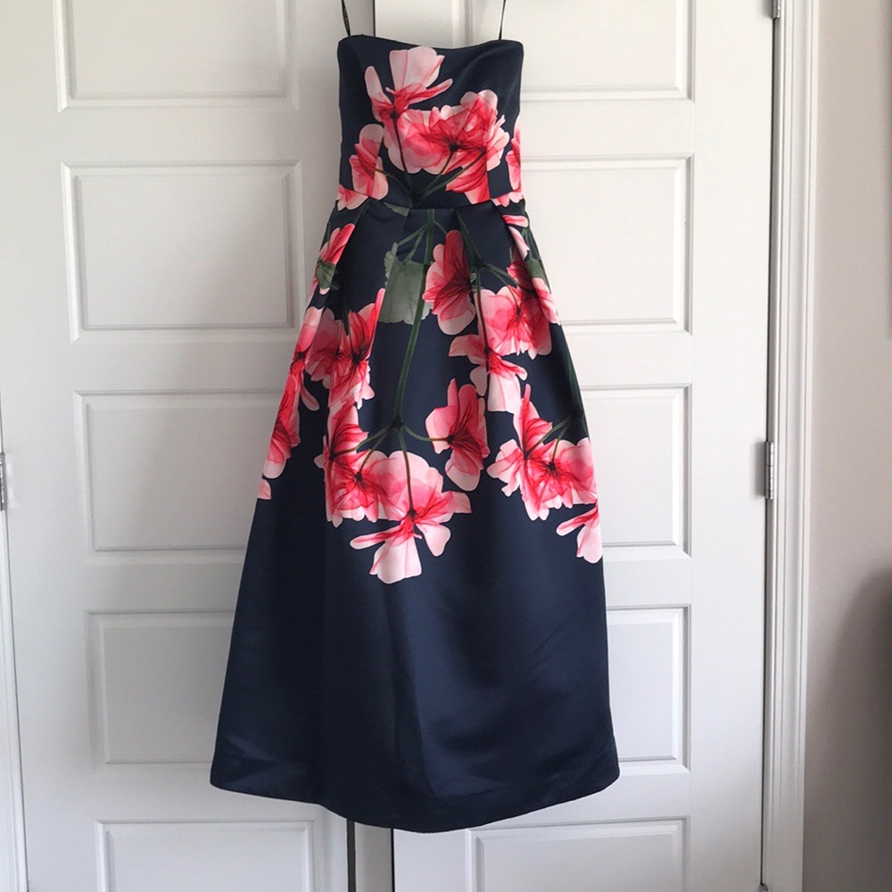 David Meister strapless T-Length Floral Dress